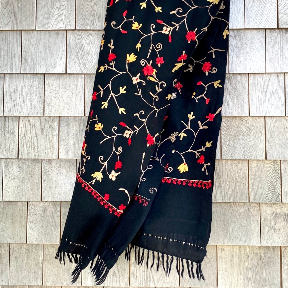 Crewelwork Embroidered Black Wool Scarf